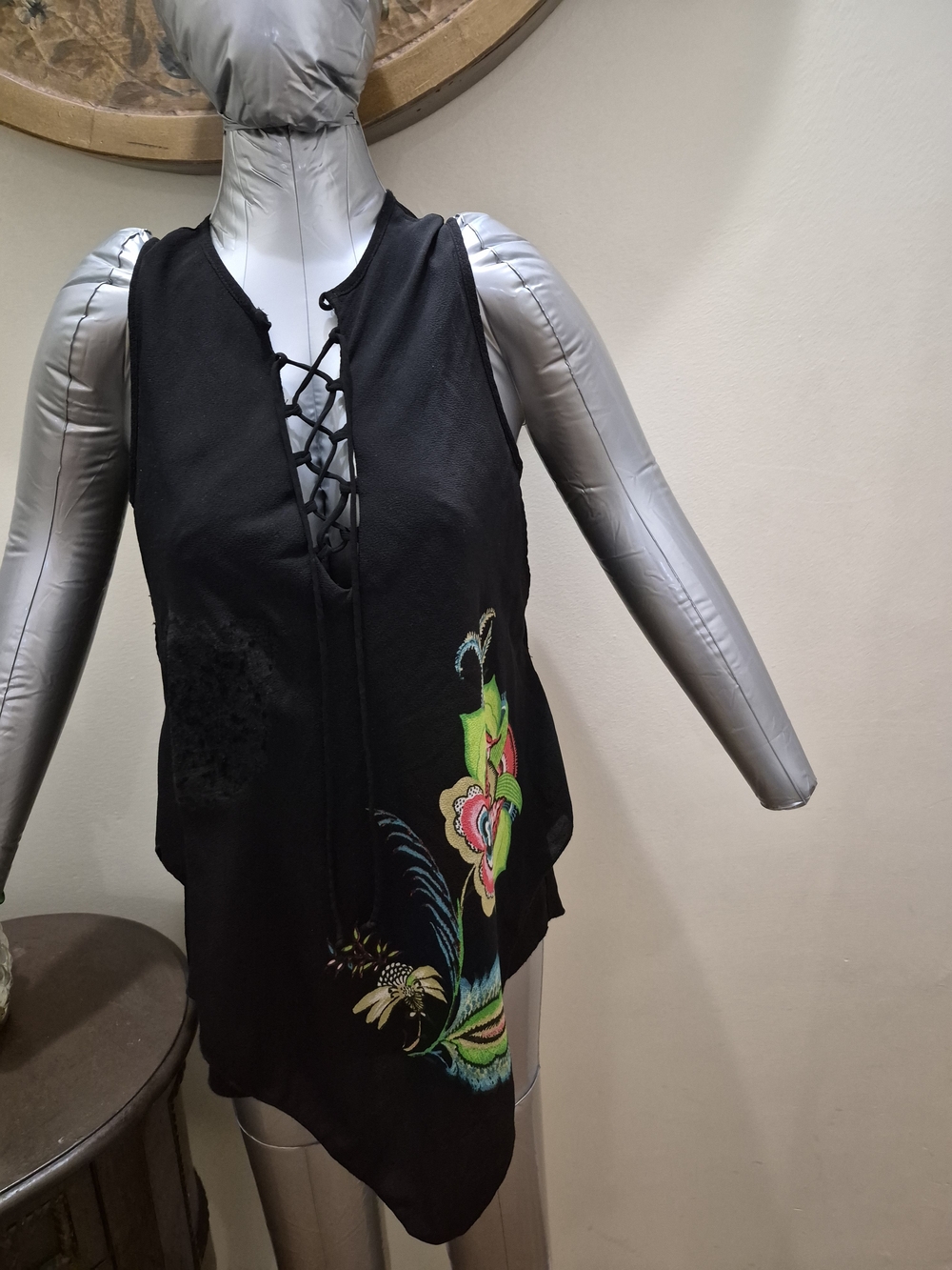 Desigual Black Lace-Up Tank Top with Multicolor Floral Embroidery